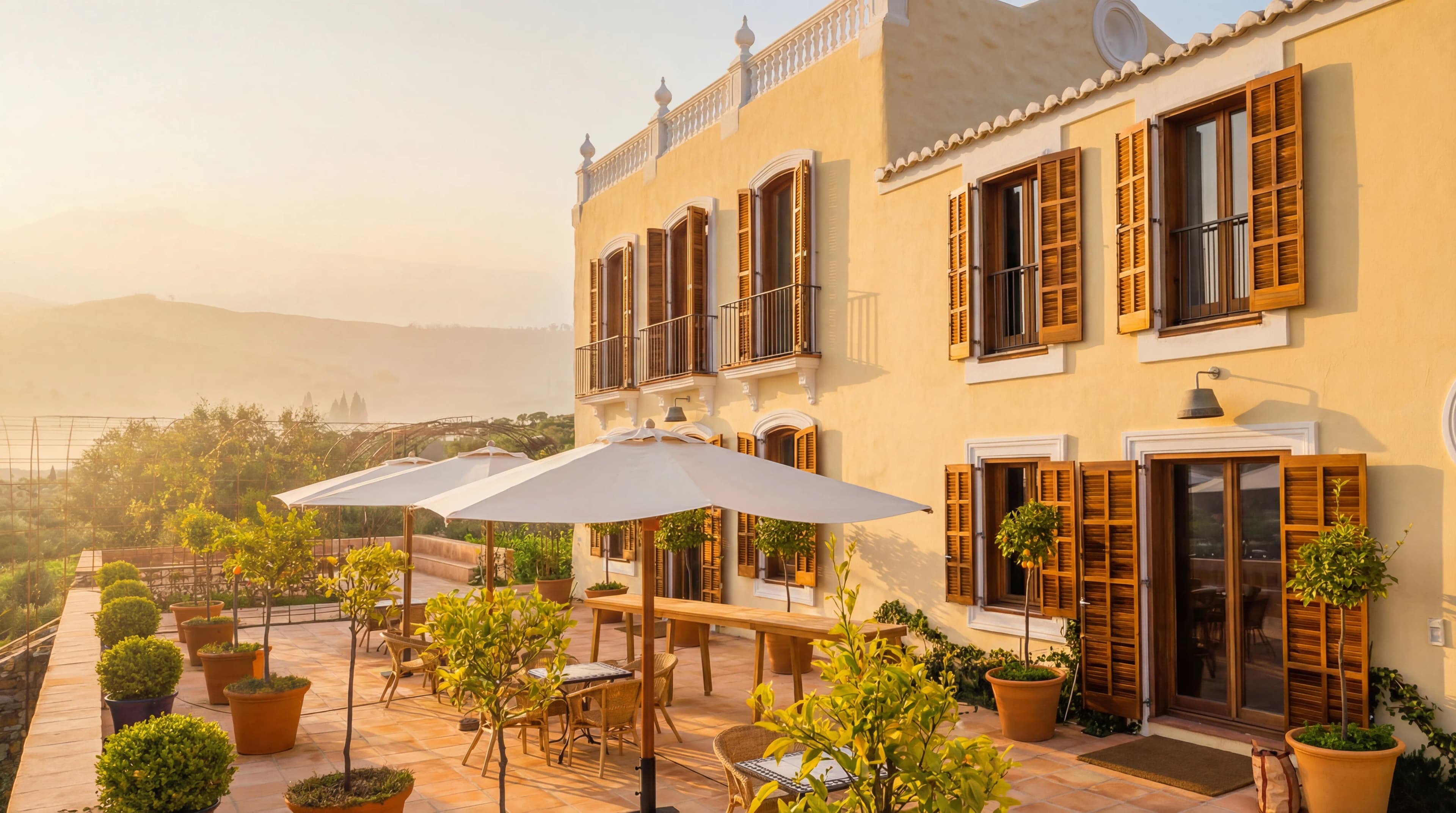 Cortijo terras bij zonsondergang